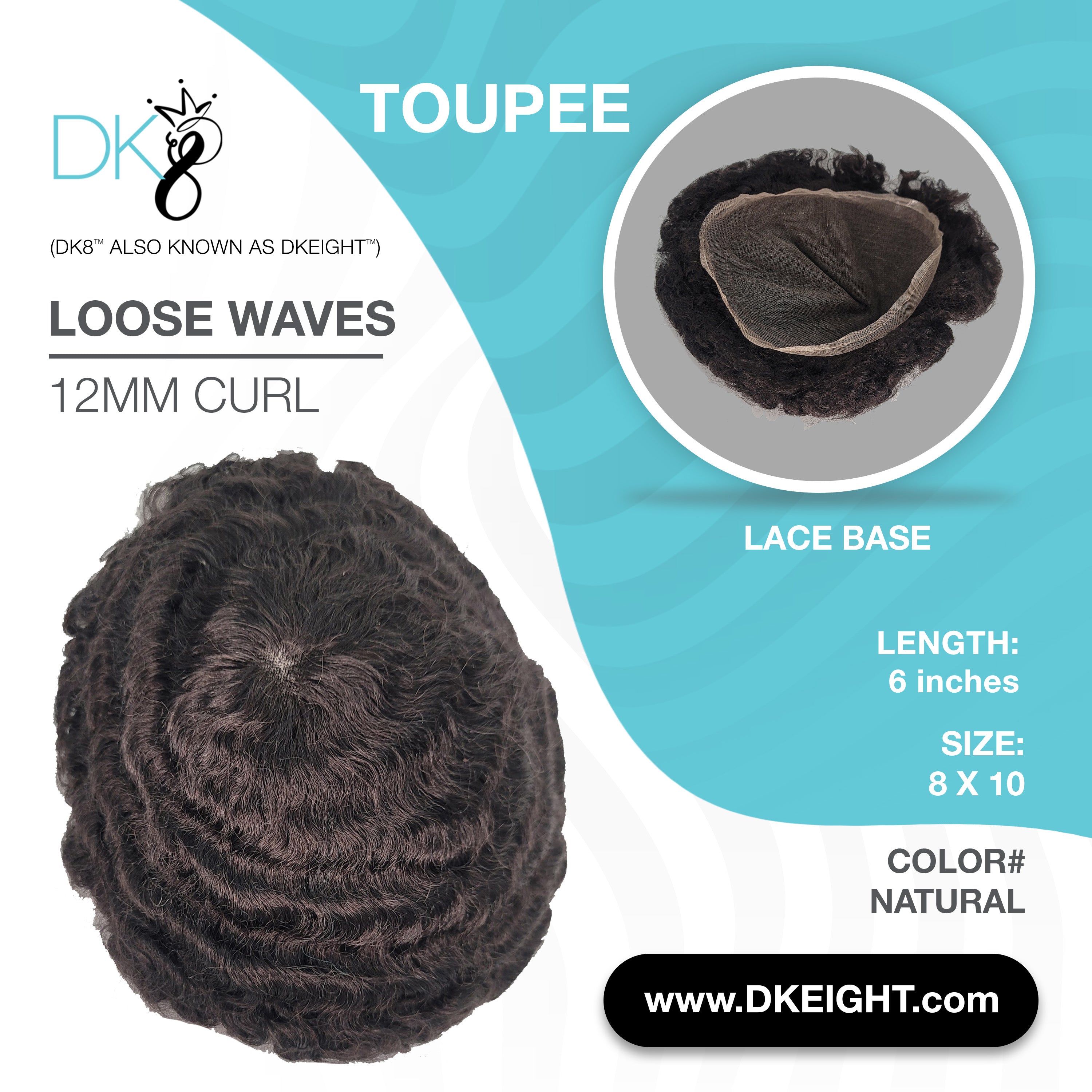 DKEIGHT LOOSE WAVE CURLS 12MM MENS TOUPEE FEATURES BLUE AND WHITE BACKGROUND WITH WEBSITE TITLE AND LOGO LISTING