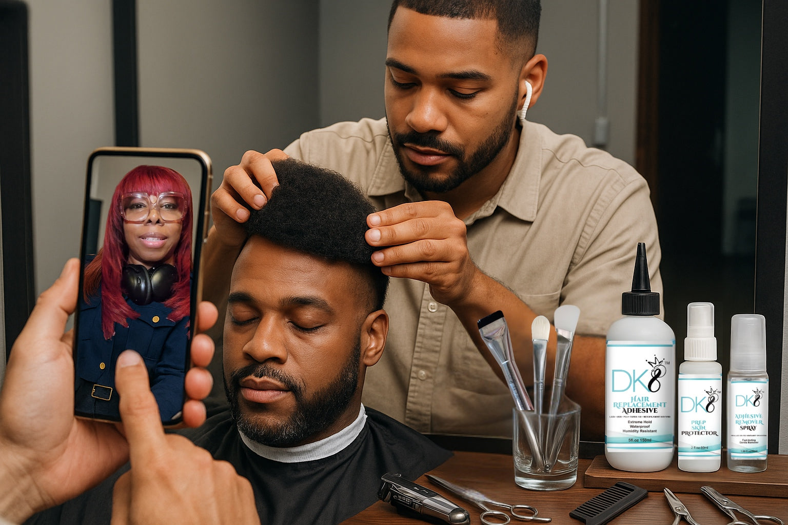Barber getting guidance on applying toupee while on Zoom call